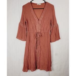 Indigo Rose brown embroidered lace bell sleeve gauzy dress Size Sm Peasant Boho